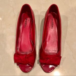 Pattern leather open toe red wedges size 8